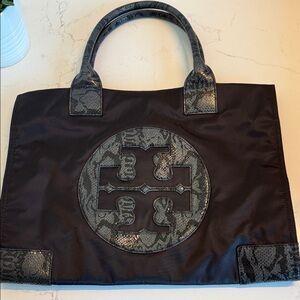 Tory Burch Black and Snake Print Tote